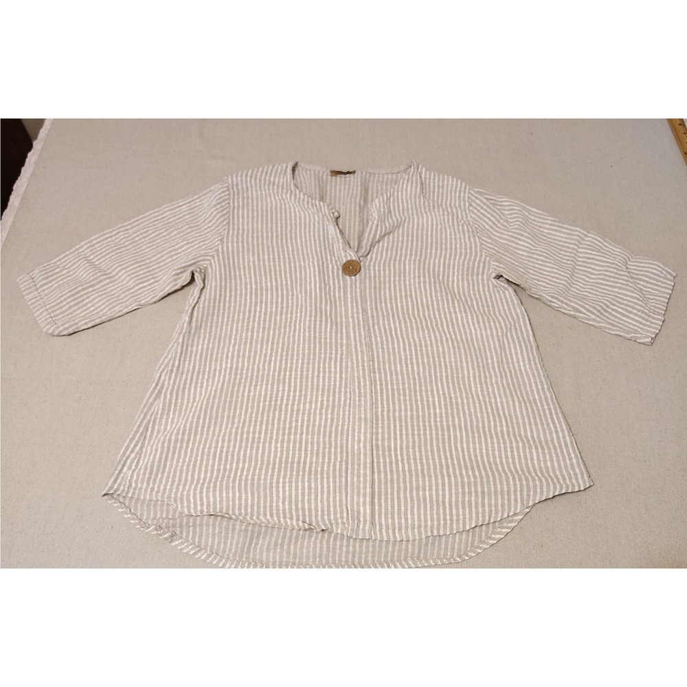Beyond Capri Striped V Neck Linen Blend Tunic Boho Top Made in Italy One Size YY